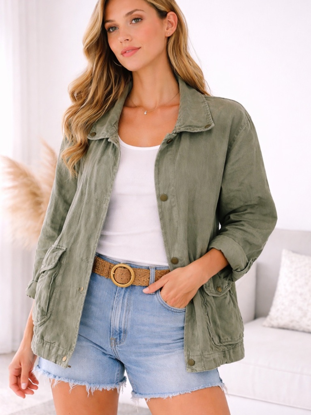 Willow & Clay Olive Green Utility Jacket XS Lightweight Boho Oversized
